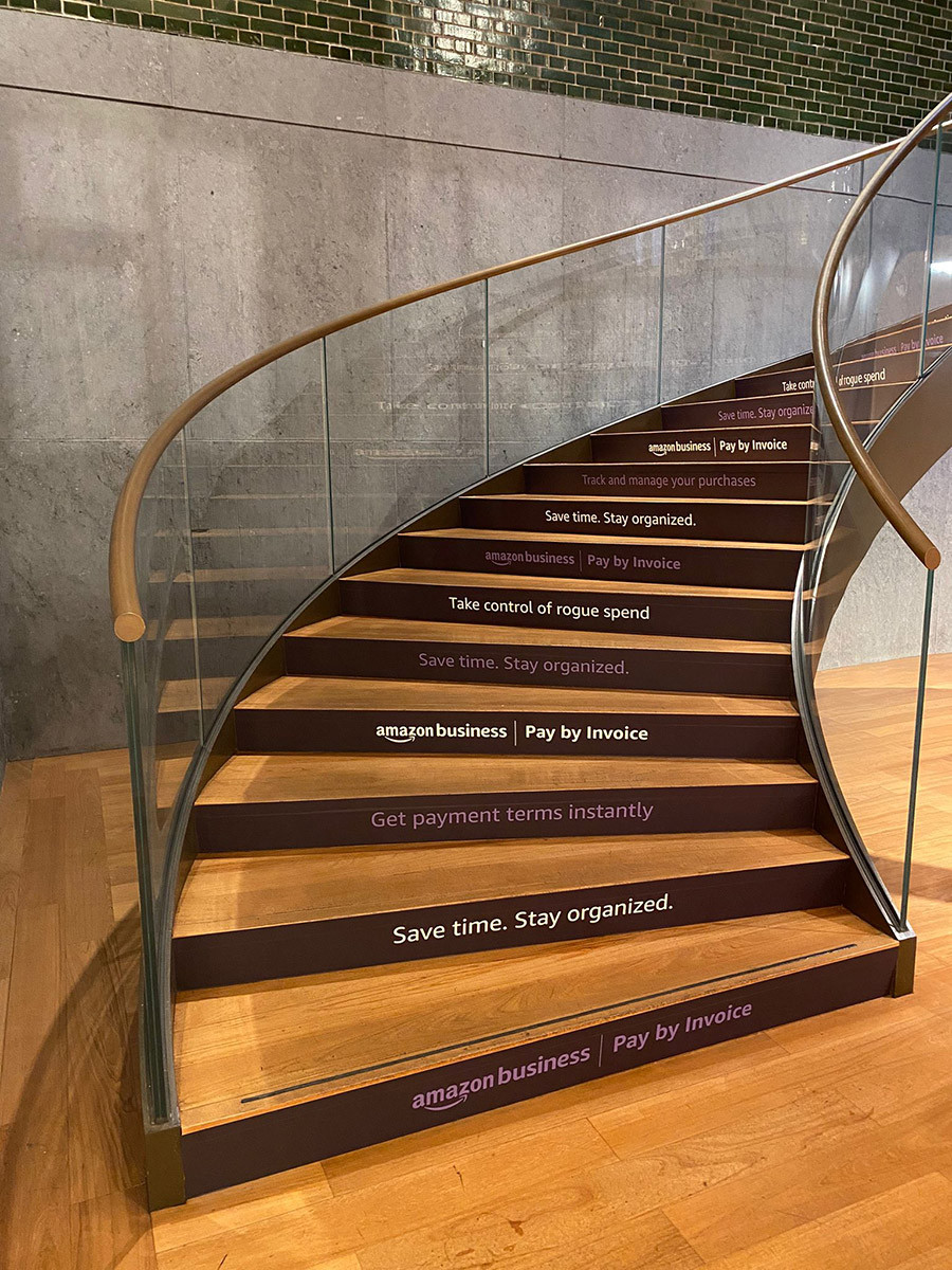 Transforms stairs into directional signage while promoting your brand creatively.
